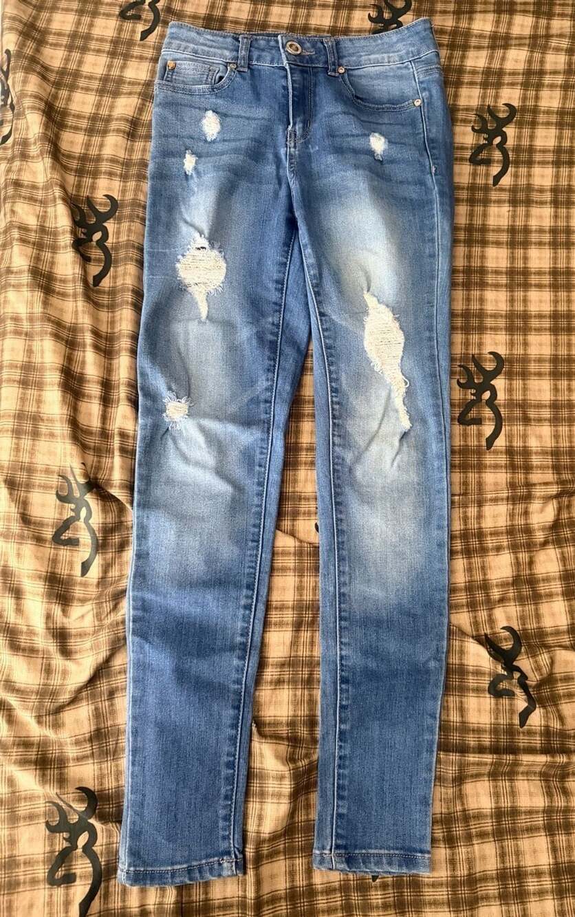 Enjean Wax Jeans Distressed Skinny Jeans Size 1 Blue Denim